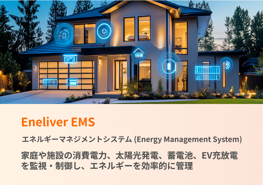 Eneliver EMS 家庭や施設の消費電力、太陽光発電、蓄電池、EV充放電を監視・制御し、エネルギーを効率的に管理