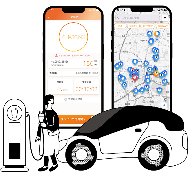 スマホ画面と車を充電している人のイラスト