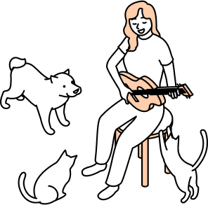 ペットに囲まれながら椅子に座ってギターを弾いている女性のイラスト